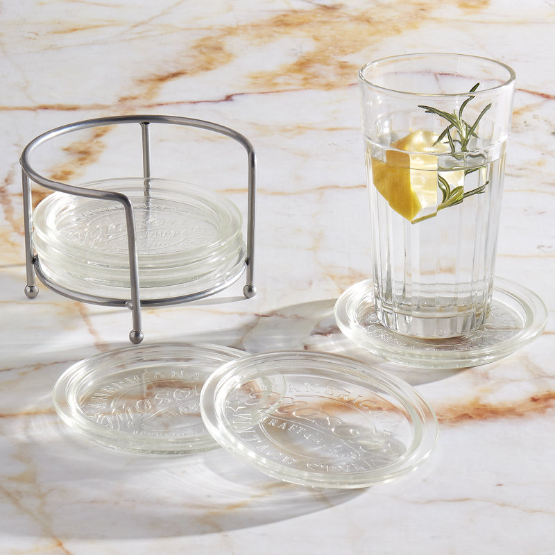 Clear Glass 7 Piece Coaster Set with Metal Holder