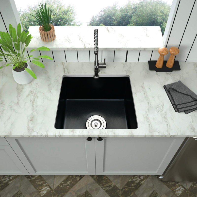 Évier de bar encastré en quartz, 18 po x 16 po, noir mat, résistant à la chaleur et aux rayures, antirouille, aspect moderne, L 18 po x l 16 po, facile à nettoyer