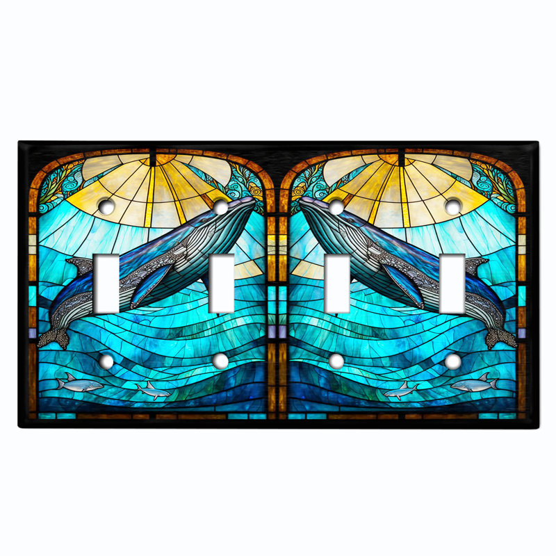 Cute Whale Glass Art Print Copper Rust Patina Teal Print 4 - Gang Toggle Light Switch Standard Wall Plate