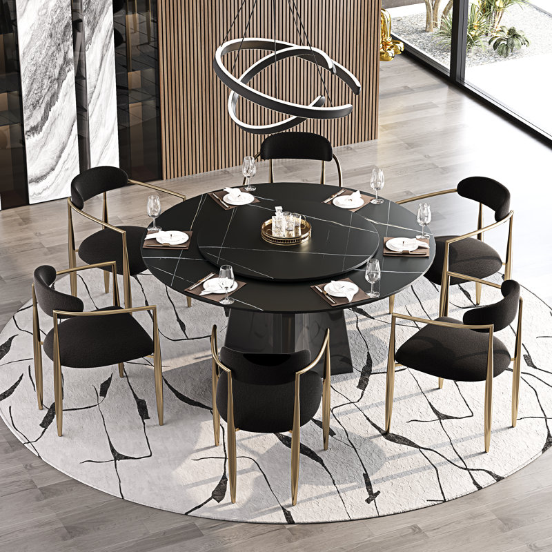 Dining Table Set With 51'' Round Faux Marble Table Top With Lazy Susan And 6 Fabric Dining Arm Chairs, Lauren Black Gold