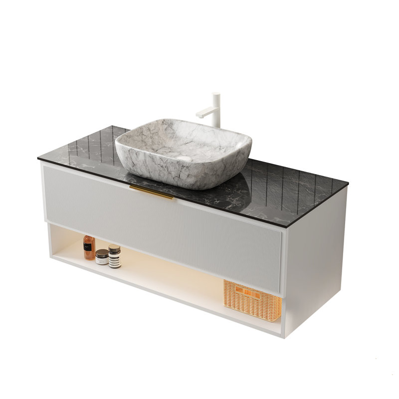 Meuble-lavabo 48 po, lavabo en céramique à motif de marbre blanc, comptoir en pierre frittée noire, armoire flottante, éclairage à capteur, contreplaqué multicouche de haute qualité, lavabo à système de fermeture en douceur, peinture de qualité