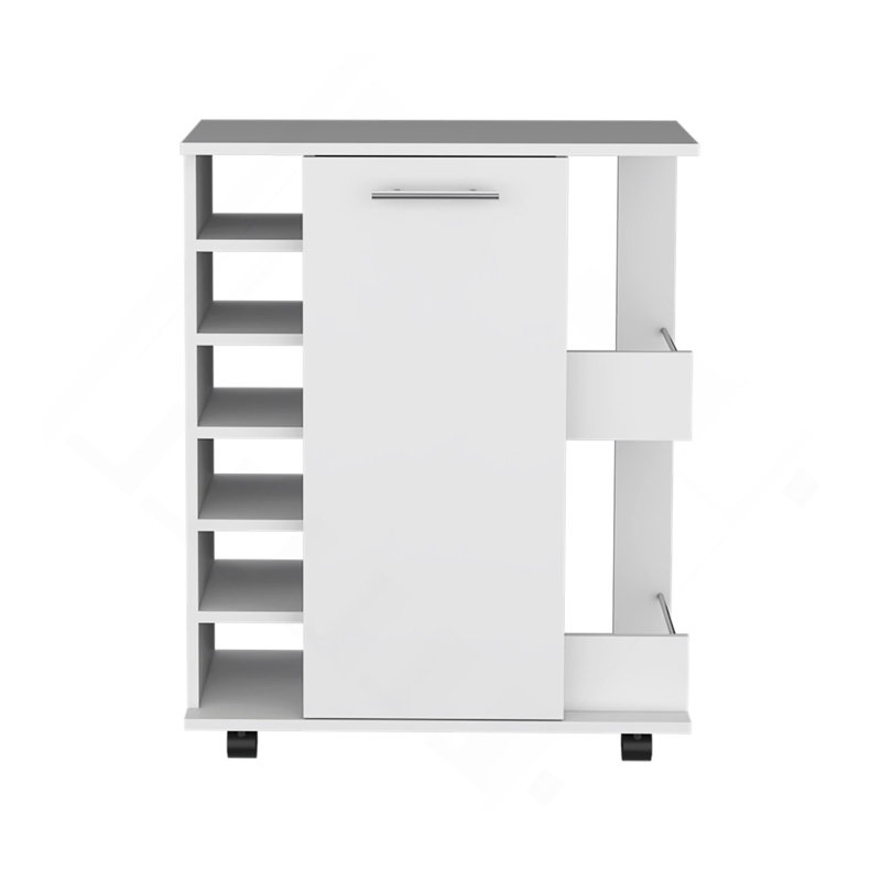 Chariot-bar avec roulettes, 2 tablettes de rangement latérales et 6 tablettes