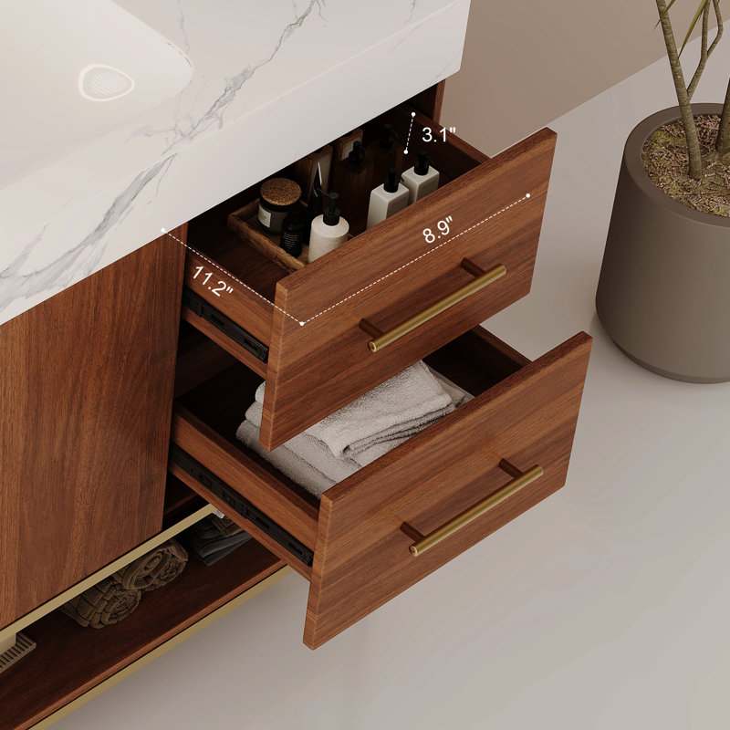 Meuble-lavabo de 36 pouces avec comptoir en acier inoxydable à finition dorée, plateau en pierre frittée et tablettes de rangement bien agencées, cuve en céramique sans couture moderne, structure et armoire à eau