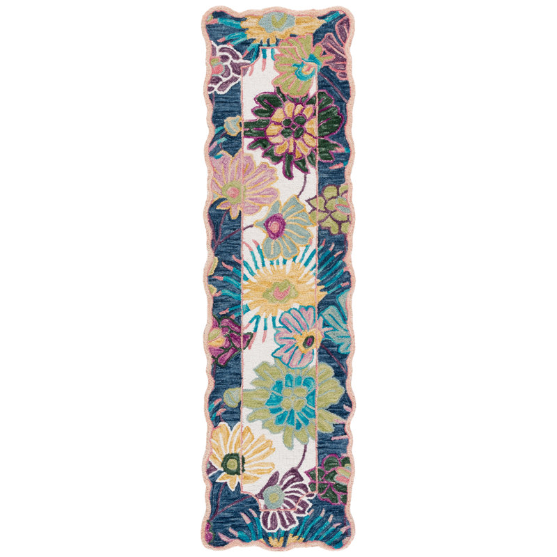 Lesle 357 Hand Tufted Wool/Cotton Floral Indoor Use Only Rug in Navy/Ivory, Runner 2'3" x 8'