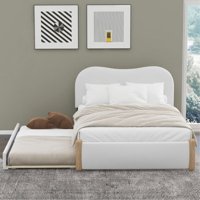 Lit plateforme tapissier avec pieds de support en bois et lit gigogne simple