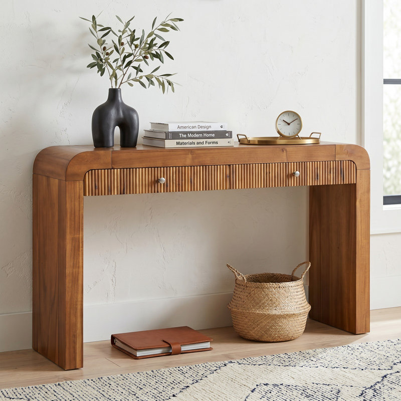 Rustic Console Sofa Table With Fluted Drawer Front For Entryway And Living Room, Dark Brown