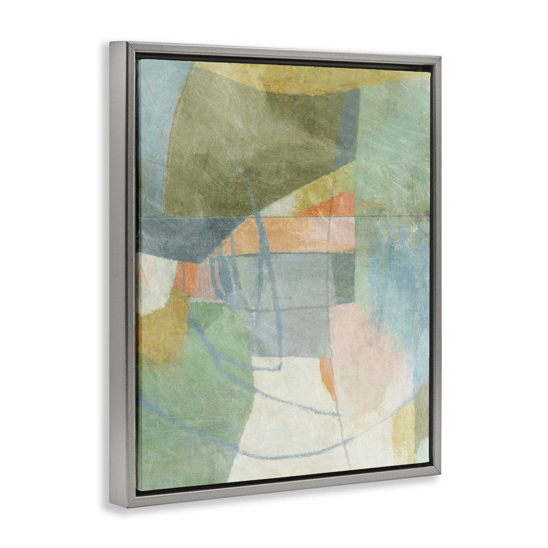 «Pastel & Green Shapes» par Suzanne Nicoll, H 31 po x l 25 po, Cadre flottant gris lustré