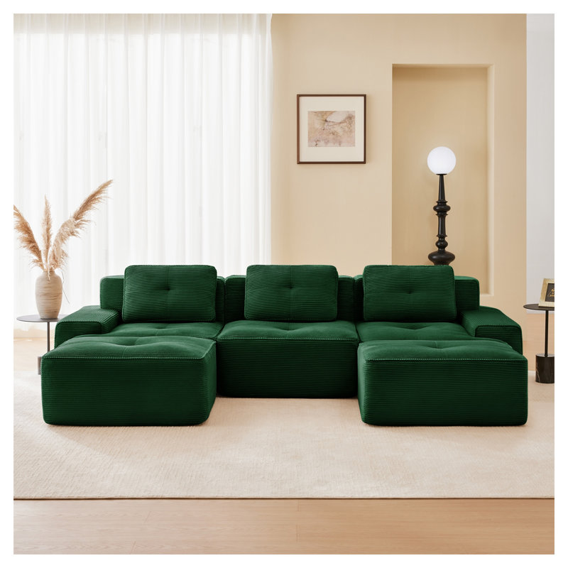 Canapé modulaire en forme de U de 117 po pour le salon, tissu en velours côtelé, canapé 3 places avec assise profonde et repose-pieds mobile, passepoil perlé, conception sans assemblage, conception antidérapante, vert