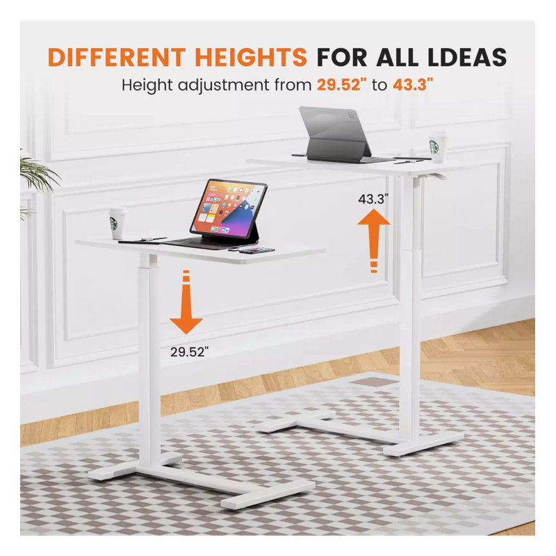Overbed Bedside Sofa Table with Hidden Wheels Adjustable Height for Bedroom Desk, White