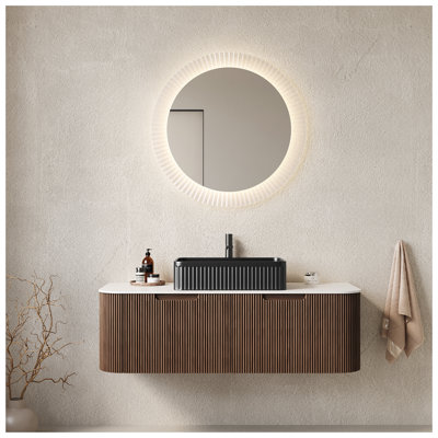 DINA 48" Bathroom Vanity&Sink, Floating Curved Edges Striped Storage Cabinet with 2 Drawers, Black Rectangular Ceramic Basin&Carrara White Sintered Stone Top, Pre-assembled, Dark Walnut Woodgrain