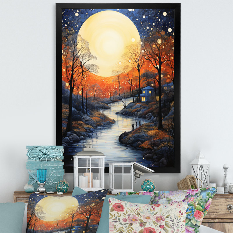 «Orange Bridge Abstracted Riverine Pointillism», reproduction sur toile, H 20 po x l 12 po x P 1 po, Cadre photo noir