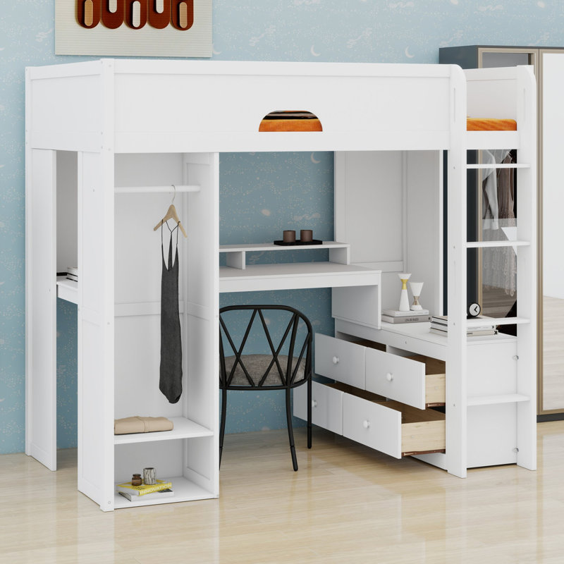 Lit mezzanine avec bureau, garde-robe, éclairage contrôlé par l'application et station de charge pour les chambres à coucher complètes
