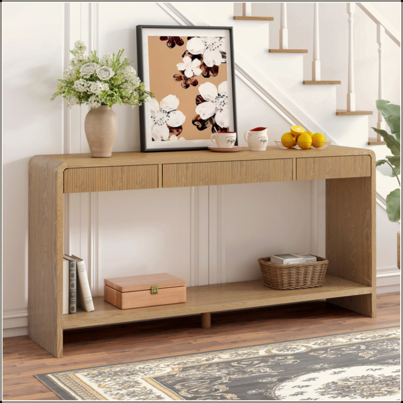 Console moderne à 3 tiroirs avec lattes verticales, conception à bord arrondi, parfaite pour le vestibule, le couloir ou derrière le canapé