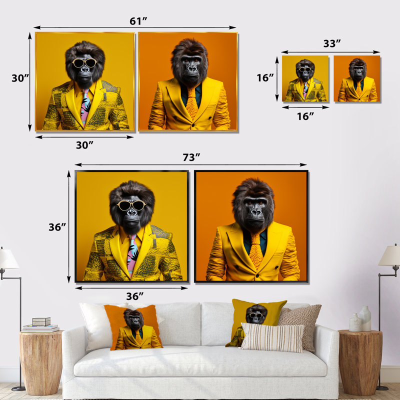 «Yellow Gorilla In suit I», ensemble d'art mural sur toile Gorilla, Cadre flottant doré, H 16 po x l 33 po x P 1 po