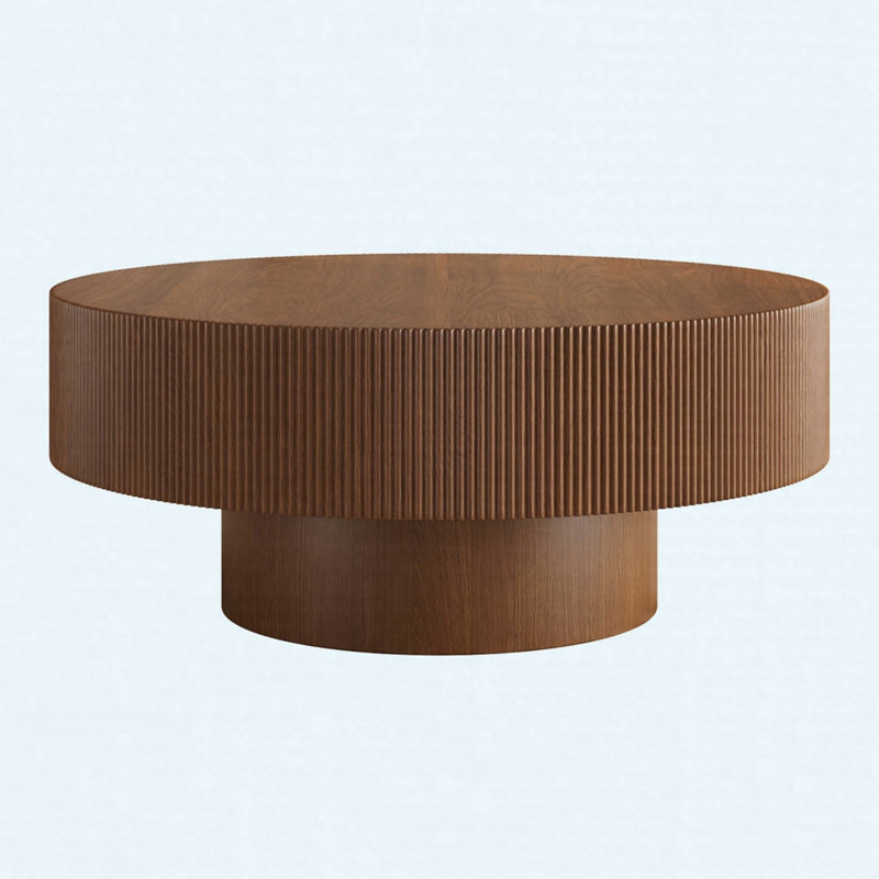 Table basse ronde moderne avec plateau épais de 6,8 po, table centrale cannelée minimaliste, assemblage facile, Noyer