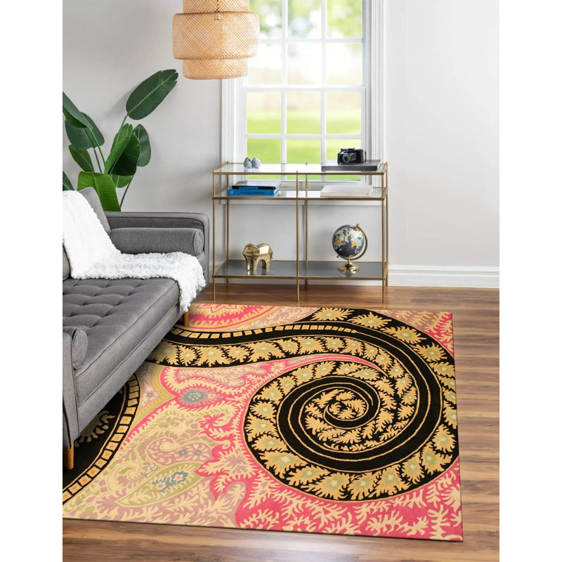 Opulent Nina Black Hand Tufted Wool Orange Transitional Floral Area Rug, Square 7'9"
