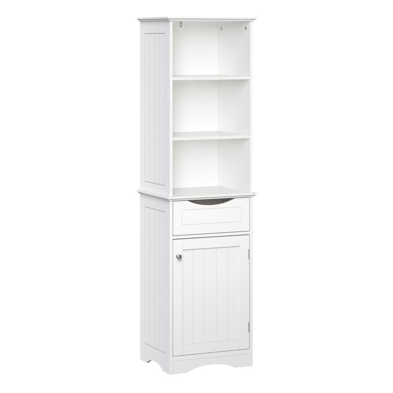 Armoire de rangement autoportante blanche avec trois tablettes ouvertes et un tiroir