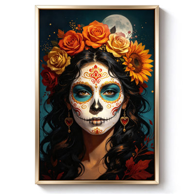 Day of the Dead Sugar Skull With Sunflowers, Framed Canvas Wall Art, Beige Frame, 24 x 36 Inch
