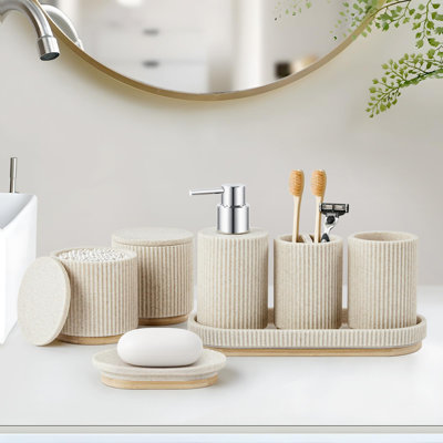 Bathroom Accessories Set, Soap Dispenser, Q-Tip Holder, Toothbrush Holder, Tumbler, Soap Dish, Vanity Tray(7-Piece/Beige)