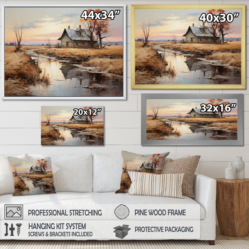 " Farmhouse River Reverie II ", Cadre simple argenté, H 30 po x l 40 po x P 1,5 po
