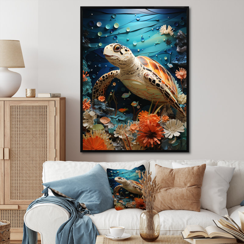 Turtle Coastal Creatures Pointillism, reproduction d'art sur toile, H 32 po x l 16 po x P 1 po, Cadre flottant noir