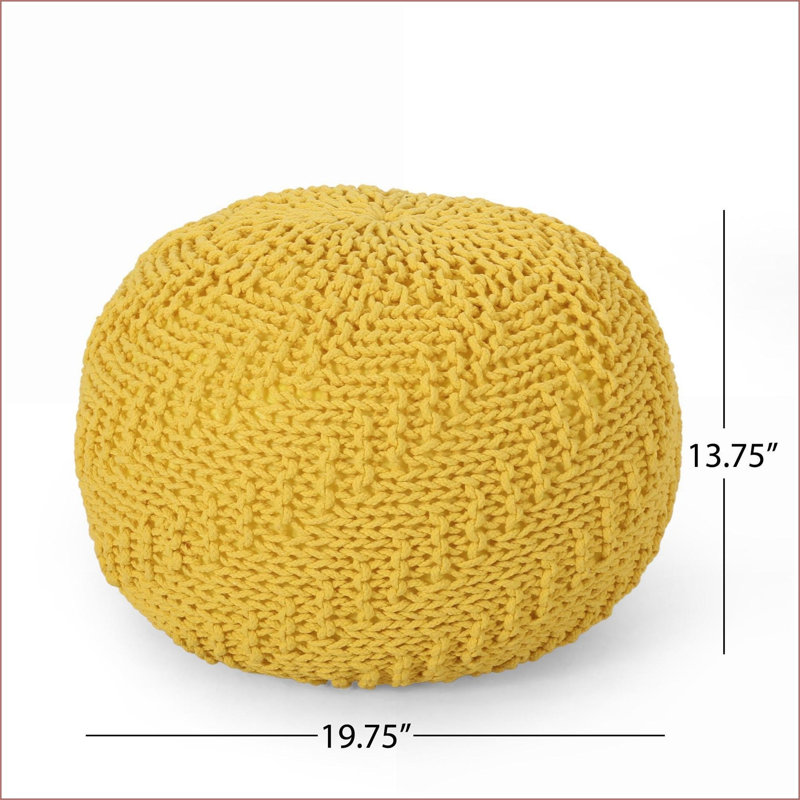 Ottoman Round Knitted Cotton Pouf for Living Room | Mustard Yellow | Cotton, Yellow 