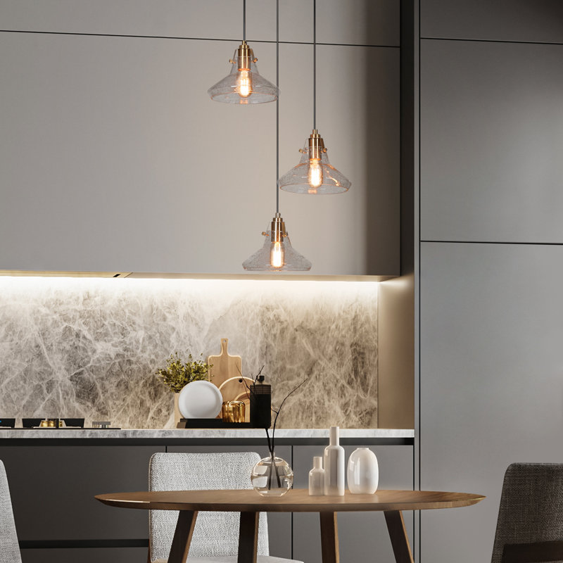 Lustre moderne en grappe dorée à 3 lumières avec verre bullé pour intérieur sec, H 7,5 po x l 18 po x P 18 po, Trois lumières