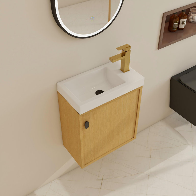 Ensemble de meuble-lavabo mural 18 po avec lavabo supérieur en résine et meuble-lavabo flottant, Beige