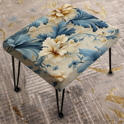 White And Blue Damask Flowering - Damask Rectangle Ottoman