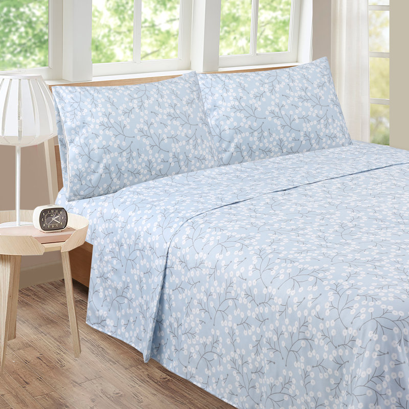 Hijiri Microfiber Sheet Set, Floral, King, Blue