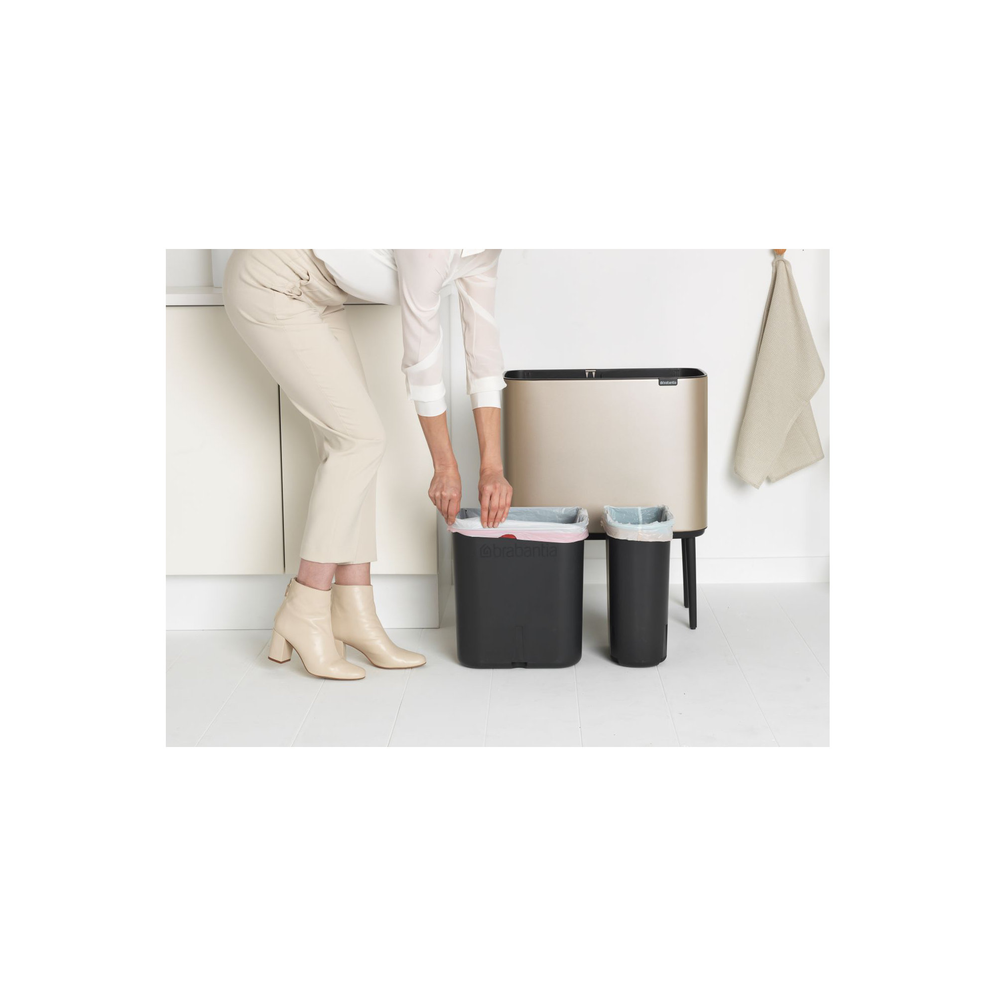 Brabantia Bo Touch Top Dual Compartment Recycling Trash Can, 3 + 6 Gallon (9 Gallon Capacity), Metallic Gold