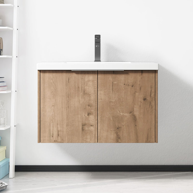 Meuble-lavabo 30 x 18-00630 avec lavabo en résine - tablette ouverte, portes à fermeture en douceur, garniture moderne et spacieuse en contreplaqué de 30 pouces, style moderne, rangement, chêne imitation