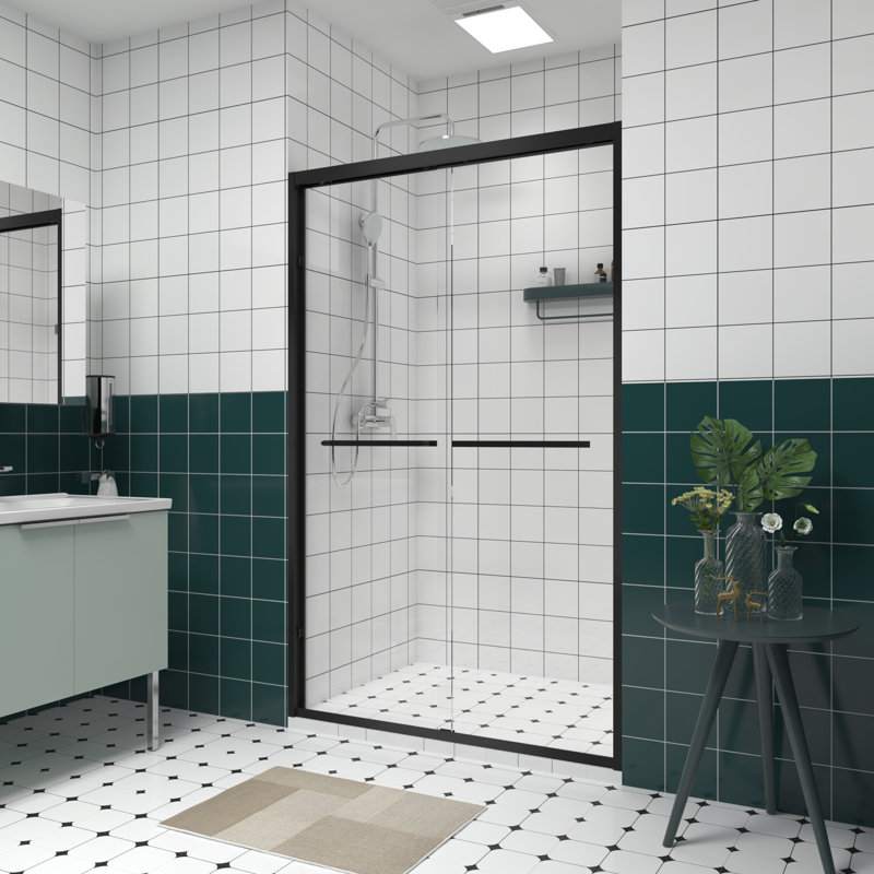 44-48-inch Matte Black Aluminum Frame Double Sliding Shower Door, Black