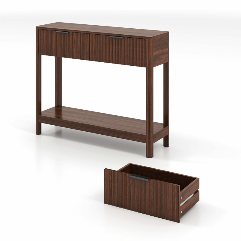 Console Mid-Century moderne cannelée étroite, canapé d'entrée à finition noyer avec 2 tiroirs et tablette ouverte, table d'appoint mince à assemblage facile pour les petits espaces, le couloir et le salon