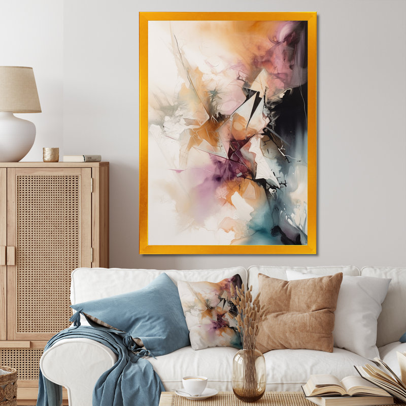 Orange marbré, aquarelle I - art mural abstrait sur toile, Encadrement doré, H 40 po x l 30 po x P 1,5 po