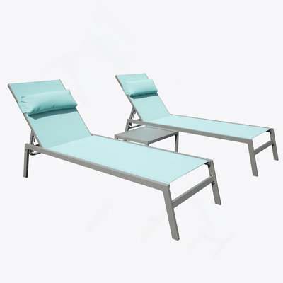 Patio Chaise Lounge Set Of 3, Aluminum Pool Lounge Chairs With Side Table, Outdoor Adjustable Recliner All Weather For Poolside, Beach, Yard, Balcony (Lake Blue)