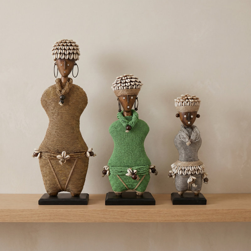 African Beaded Namji Doll, Rounded 13 in, Orange, Beaded