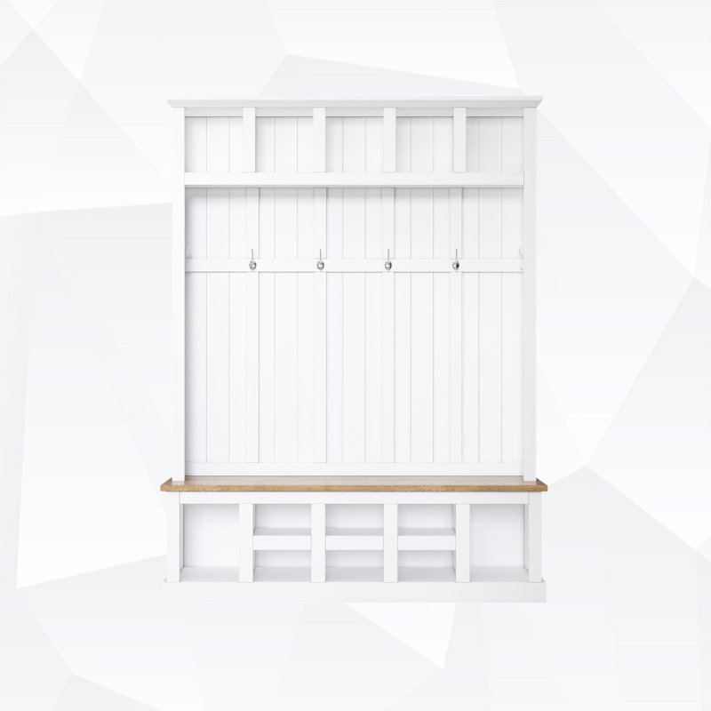 Modern Hall Tree With Seating Bench, 13 Compartments And Coat Rack, White