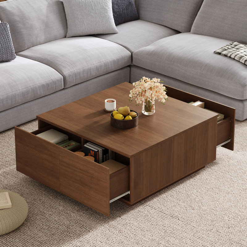 Table basse carrée en bois avec 4 tiroirs, Noyer