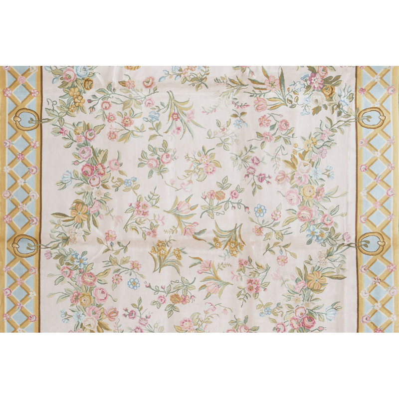 Tapis jaune et beige de haute qualité noué à la main