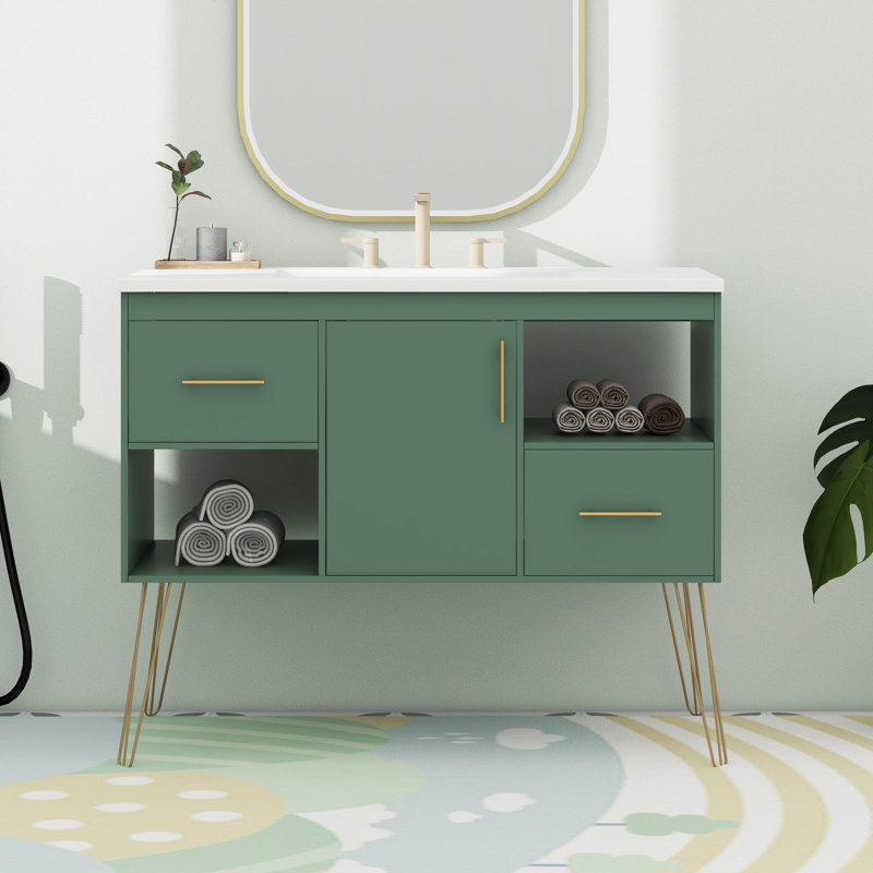 Meuble-lavabo moderne 36 po, armoire autoportante avec pieds en métal doré, 2 tiroirs et 2 compartiments de rangement ouverts