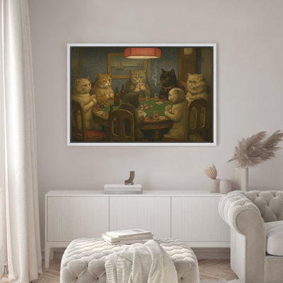 Cats Playing Poker Canvas Wall Art, Whimsical Animal Game Night Framed Print for Lounge or Man Cave Decor