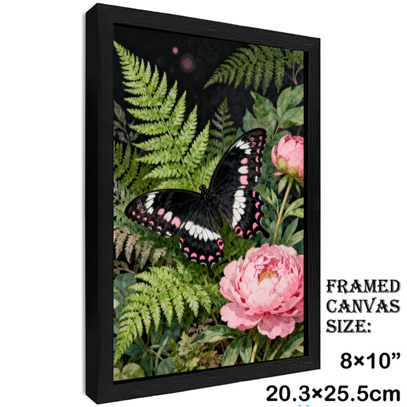 Reproduction d'art encadré noir avec papillons rétro dansant parmi les fleurs et les plantes, H 11 po x l 9 po