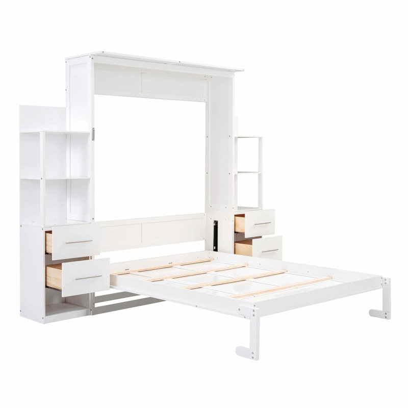Grand lit escamotable mural avec tablettes, tiroirs et lumières DEL, blanc