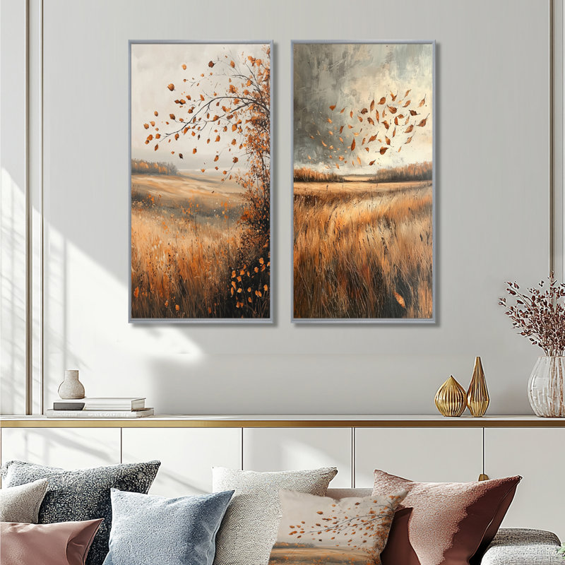 Windy Prairie Leaves In The American Prairies I - Art mural floral 2 pièces, Encadrement argenté, H 32 po x l 33 po