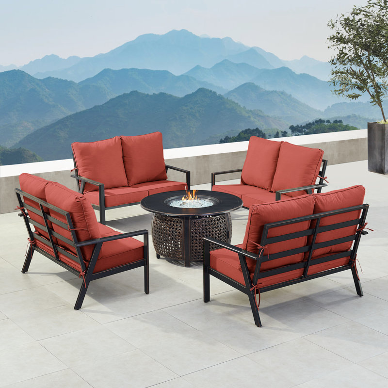 Ensemble de table de foyer en aluminium noir avec quatre causeuses profondes, Rouge