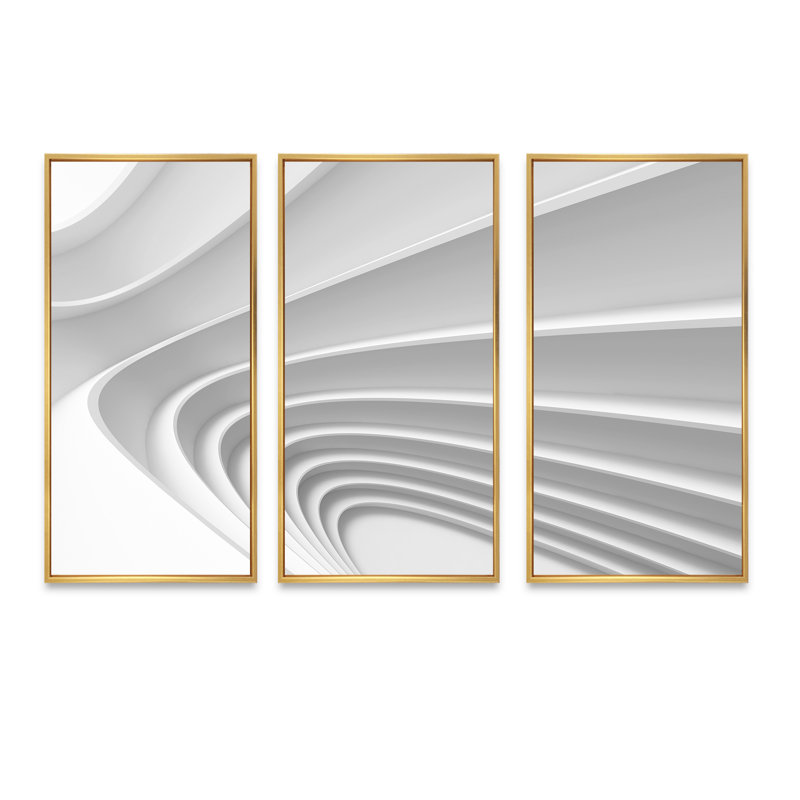 Fractal Bulgy Layered 3D Waves - 3 pièces, cadre flottant, impression sur toile, H 28 po x l 36 po x P 1 po, Cadre blanc