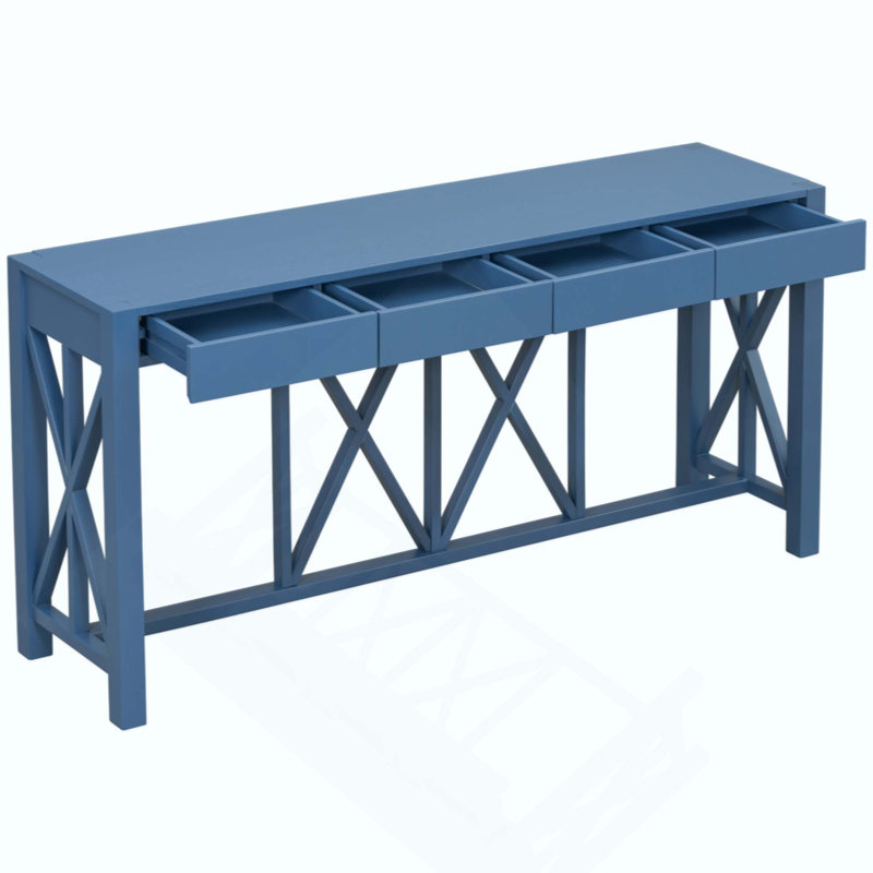 Acacia Veneer Console Table With 4 Spacious Drawers, Modern Crisscross Design Entryway Table With Open Bottom Storage,Farmhouse Sofa Table For Living Room,Kitchen,Dining Room,Hallway