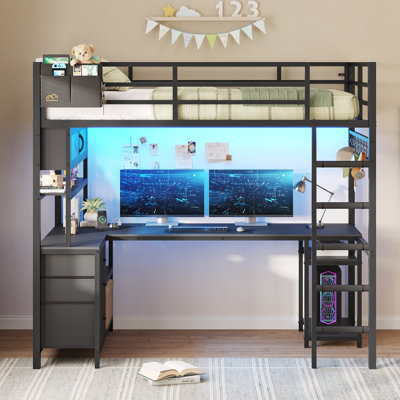 Structure de lit simple de taille mezzanine avec bureau en forme de L et 3 tiroirs de rangement, lits simples mezzanine en métal avec stations de charge, lumières DEL, tablettes et armoire de rangement, garde-corps et échelles de sécurité, noir