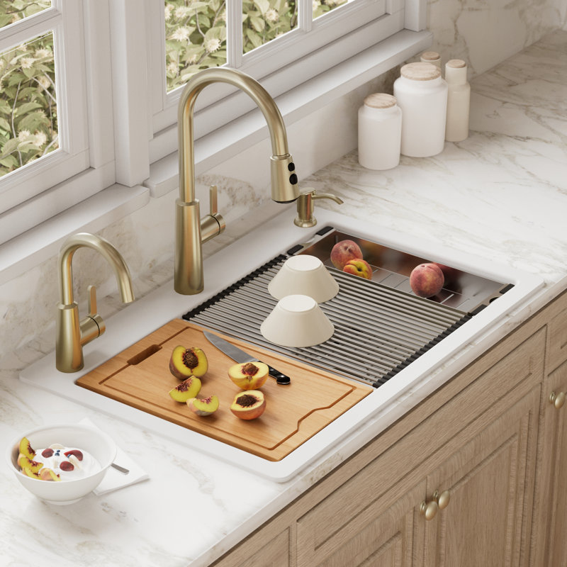 Quartz Top Mount Sinks 33'' L Double Bowl Kitchen Sink, White